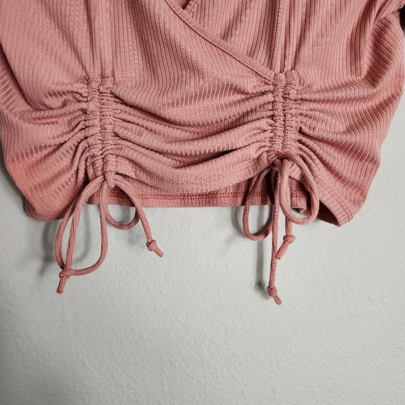 Heart Lips Womens Rose Pink Surplice Ruched Tie Bottom Ribbed Crop Top-Size L - Picture 2 of 5